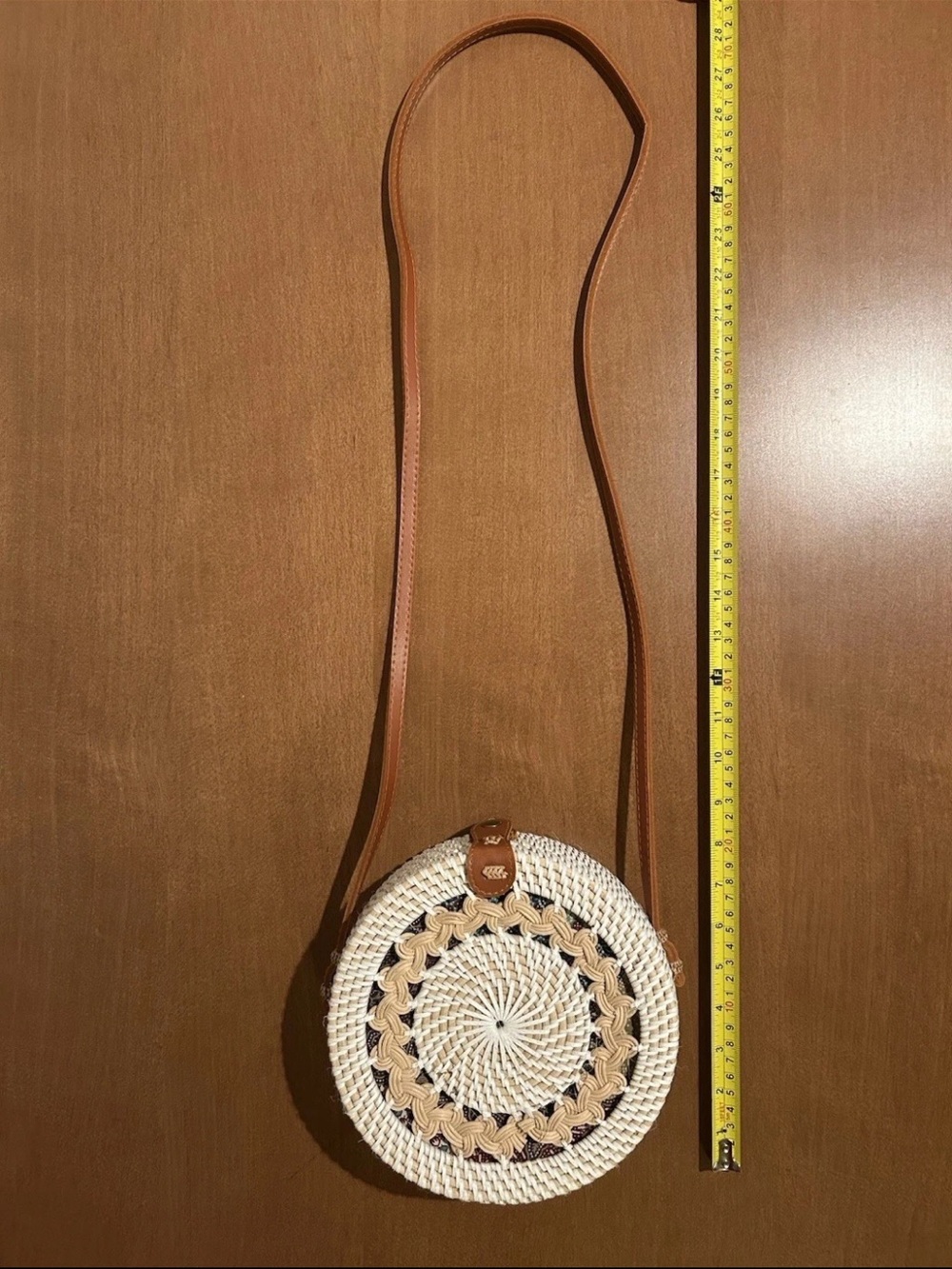 Round Woven Crossbody Bag in Cream and Tan - Picture 4 of 10